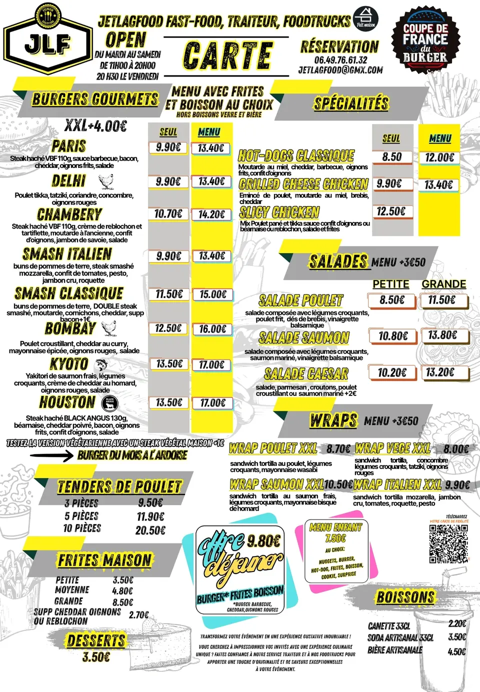 Nouvelle carte Jetlagfood à Fosses avec burgers, spécialités, salades, wraps, menus et boissons