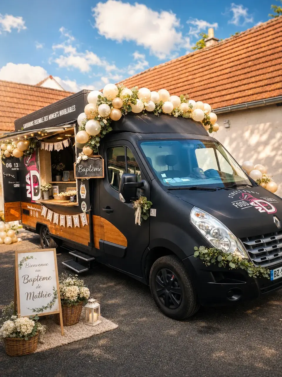 Food truck Jetlagfood décoré pour un baptême ou un événement privé